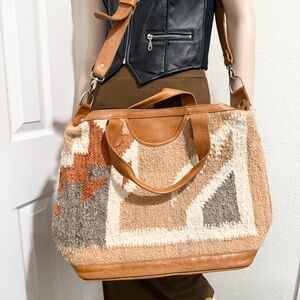 Unbranded Bohemian Guatemalan Geometric Wool Leather Weekender Crossbody Bag